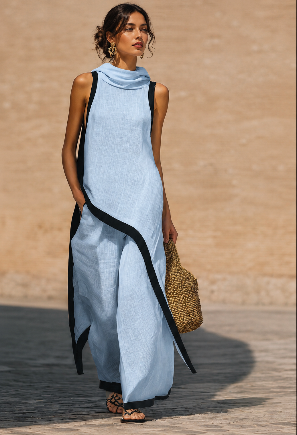 Conjunto de dos piezas de lino y algodón, elegante y con un corte artístico