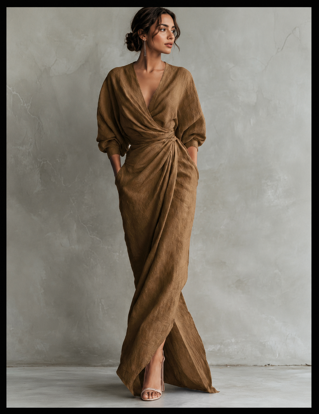 Vestido largo de lino  con cuello en V