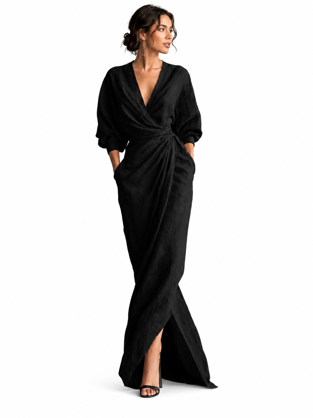 Vestido largo de lino  con cuello en V