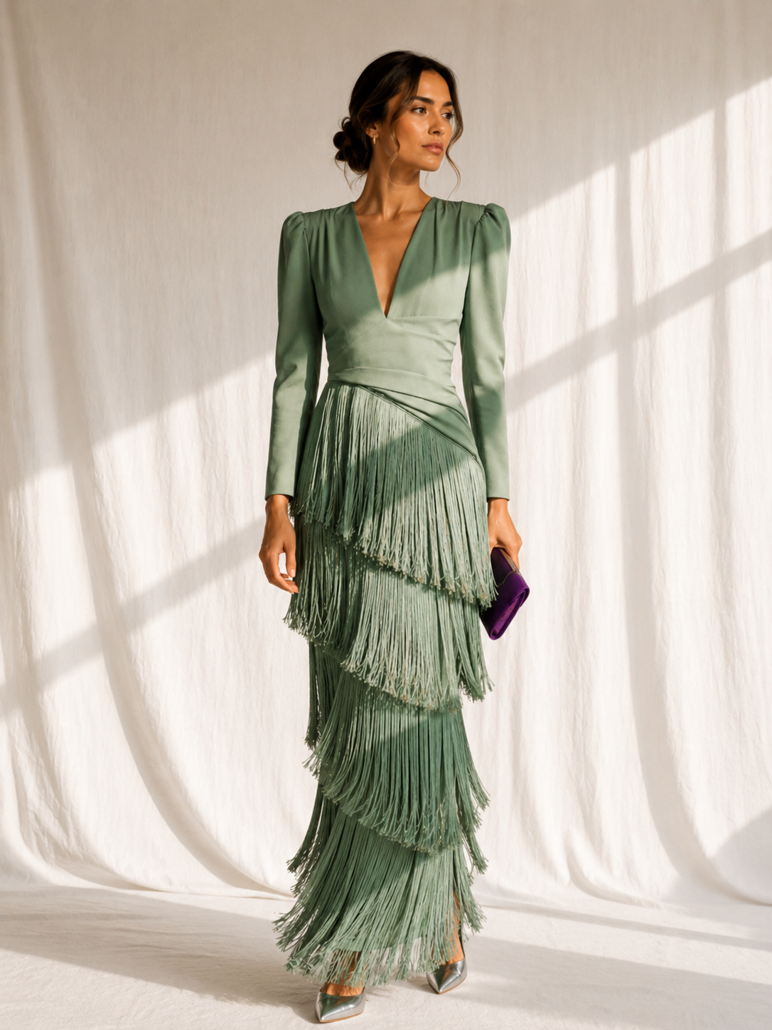 Chiara | Vestido elegante con mangas de flecos