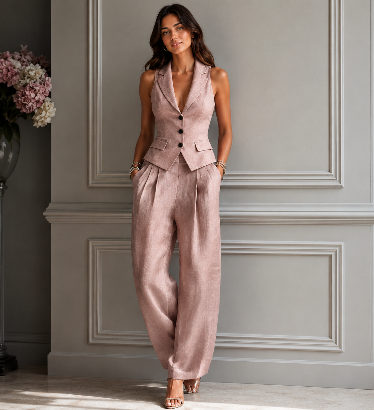 Conjunto de dos piezas para mujer con cuello en V y botones