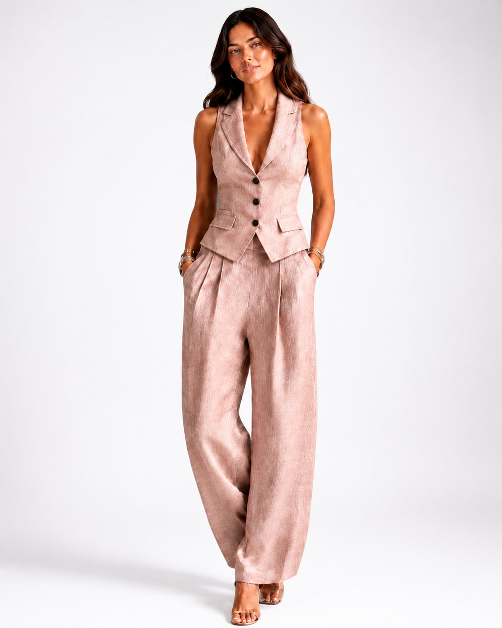 Conjunto de dos piezas para mujer con cuello en V y botones
