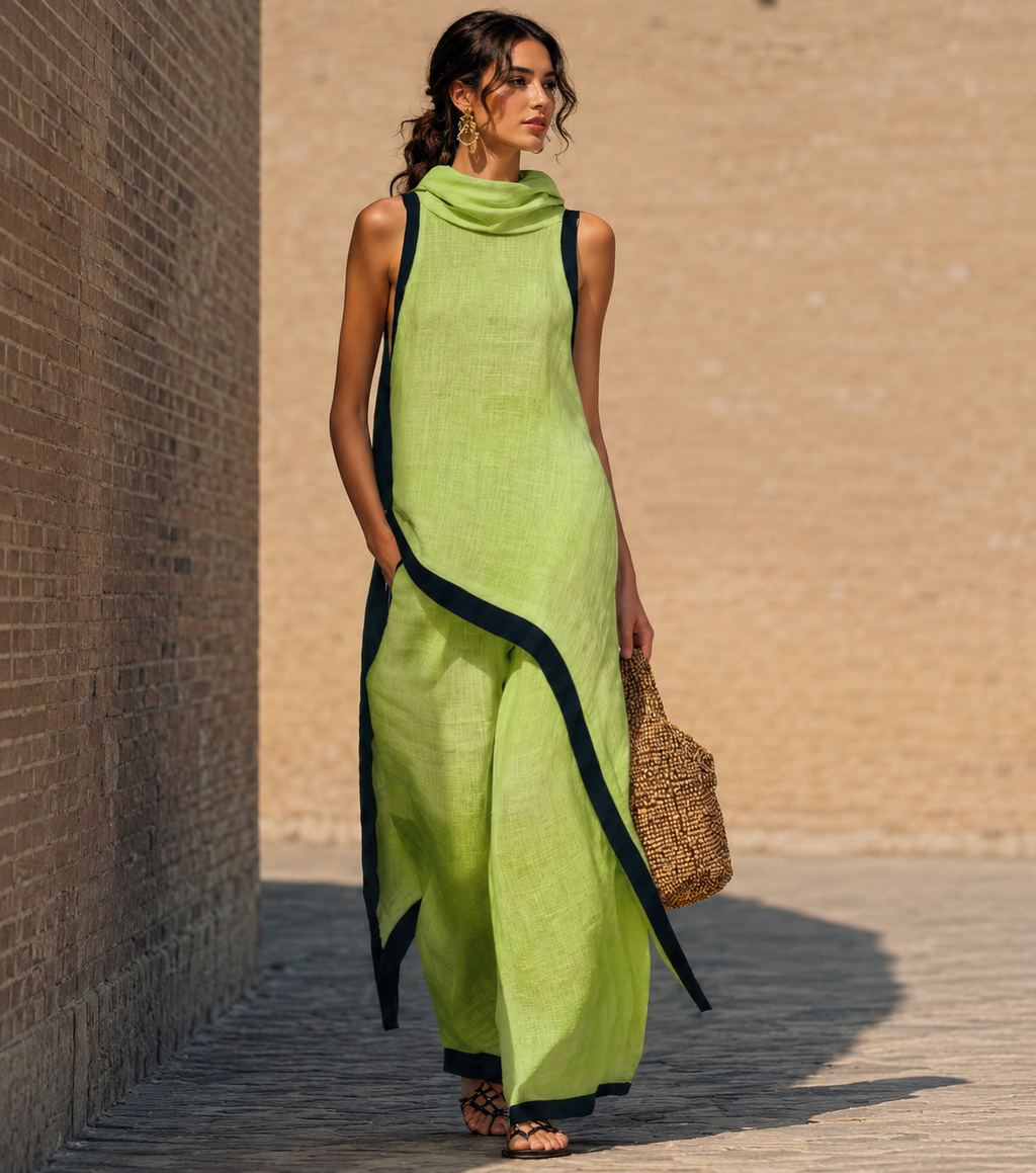 Conjunto de dos piezas de lino y algodón, elegante y con un corte artístico