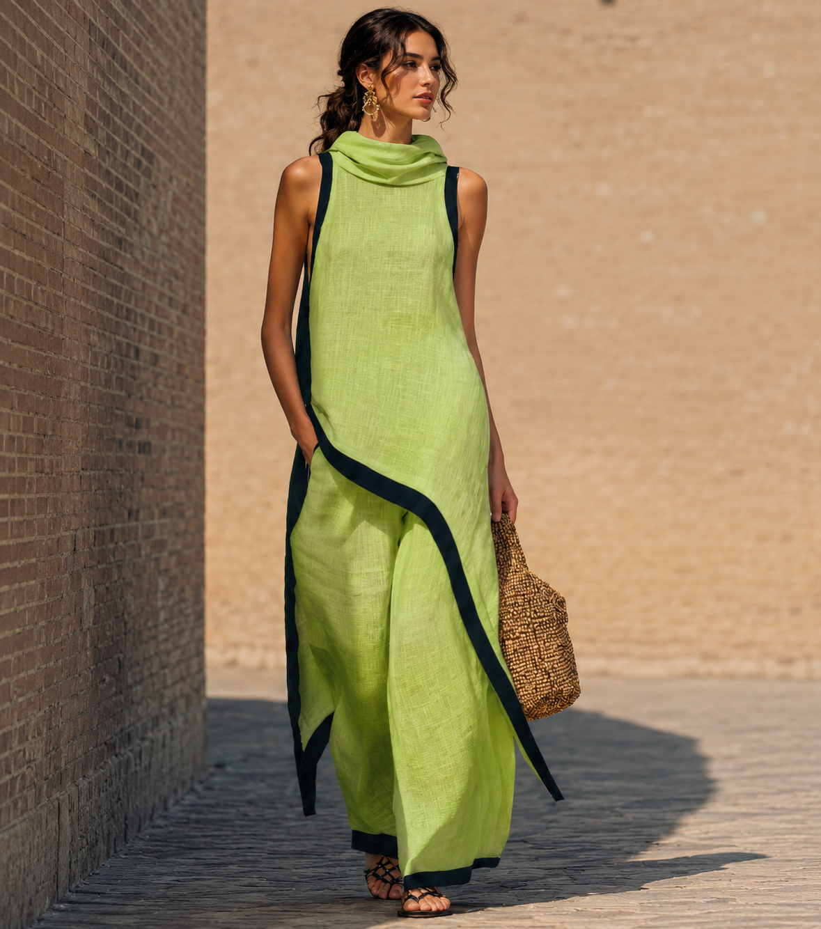 Conjunto de dos piezas de lino y algodón, elegante y con un corte artístico
