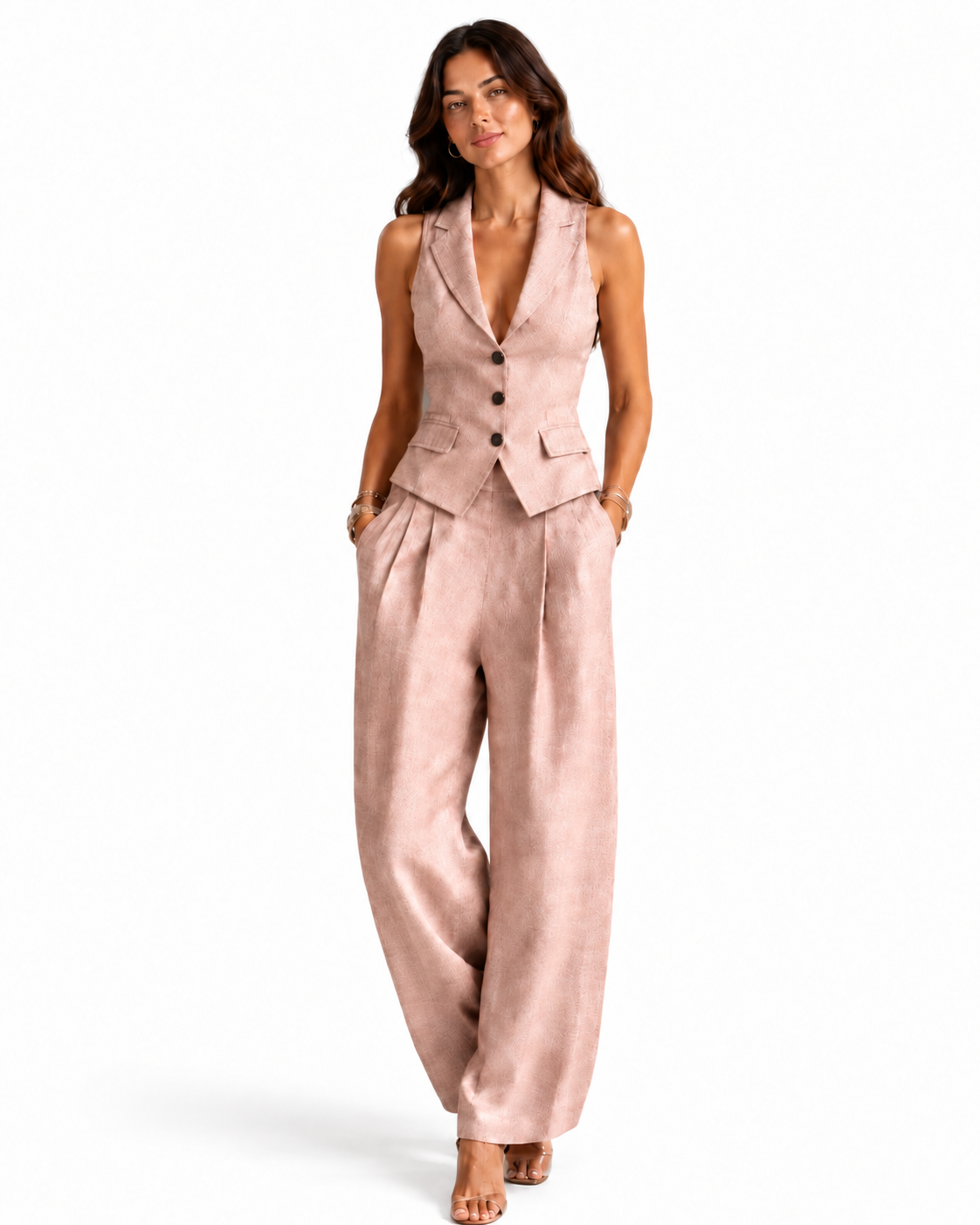 Conjunto de dos piezas para mujer con cuello en V y botones