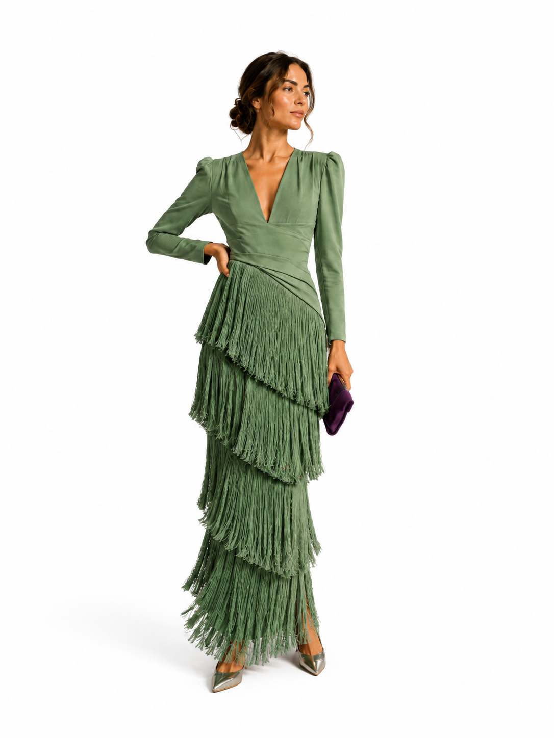 Vestido elegante con flecos