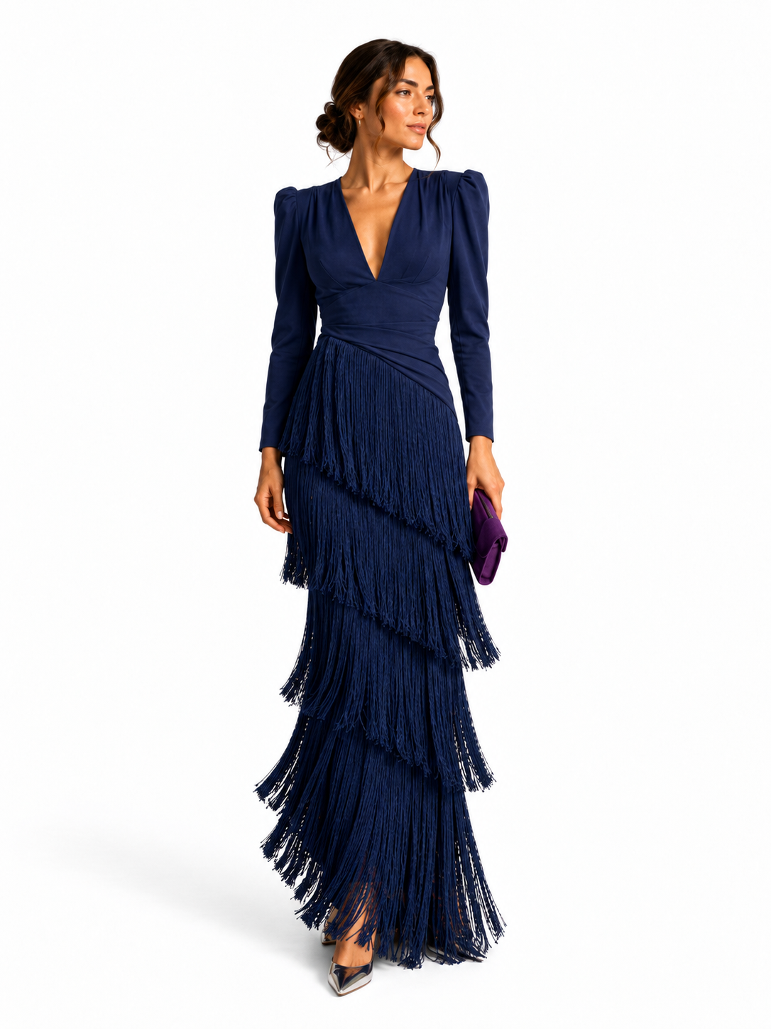 Vestido elegante con flecos