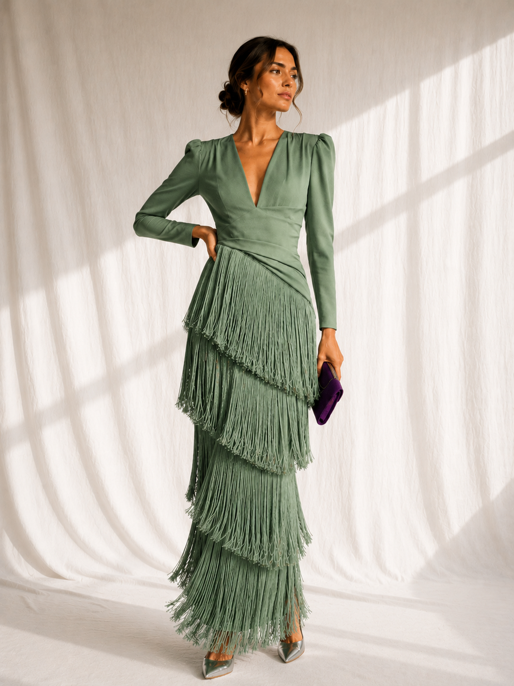 Chiara | Vestido elegante con mangas de flecos