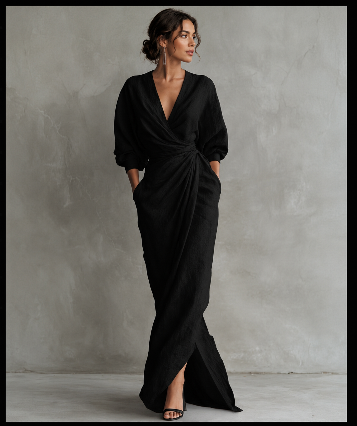 Vestido largo de lino  con cuello en V